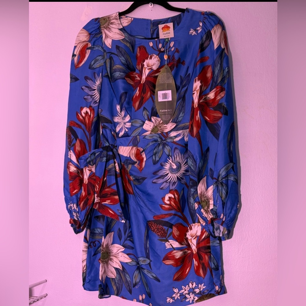 NWT FarmRio Floral Silk Blue Mini Dress XS - Picture 9 of 12